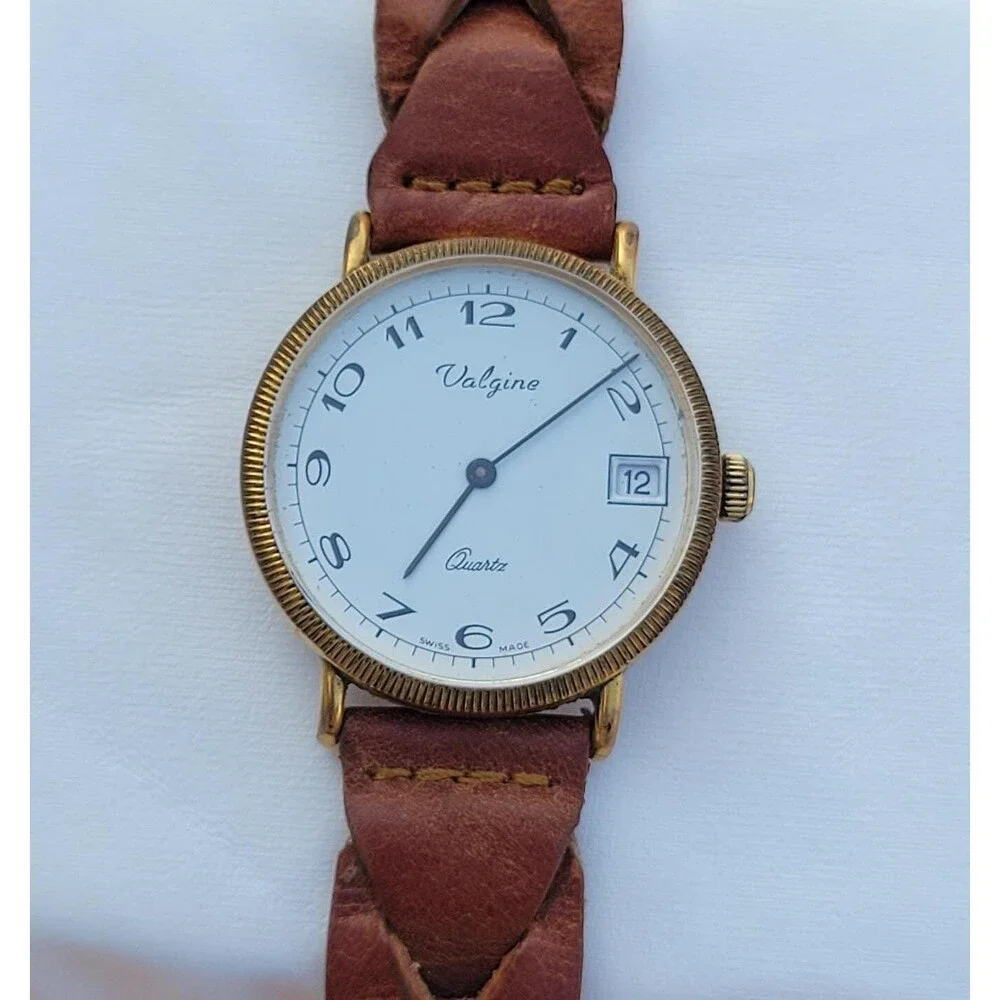 VTG Valgine Swiss Quartz Watch Gold Tone Brown Braid Leather Heritage Americana